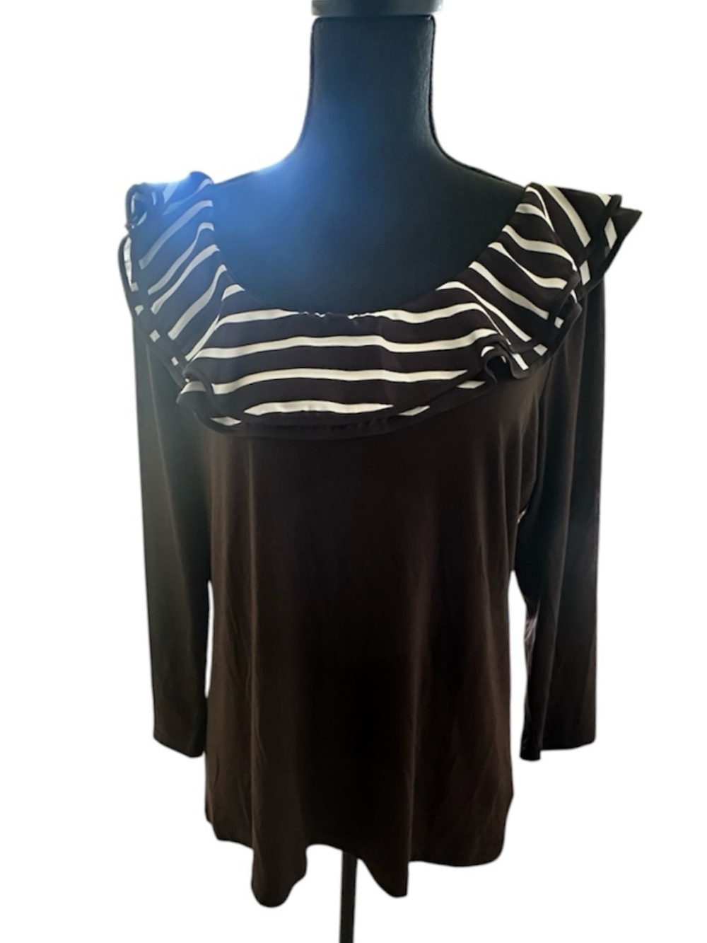 Lauren Ralph Lauren Brown Long-Sleeve Top with Striped Ruffle Neckline